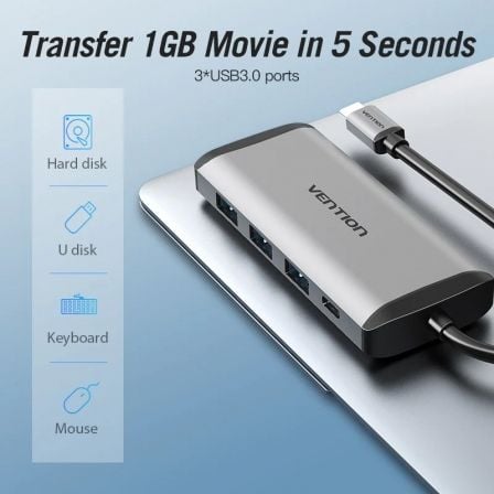 Docking USB Tipo-C Vention CNDHB/ 1xHDMI 4K/ 3xUSB/ 1xUSB Tipo-C PD/ 1xRJ45/ 1xLeitor cartões/ Cinzento - Imagem 3