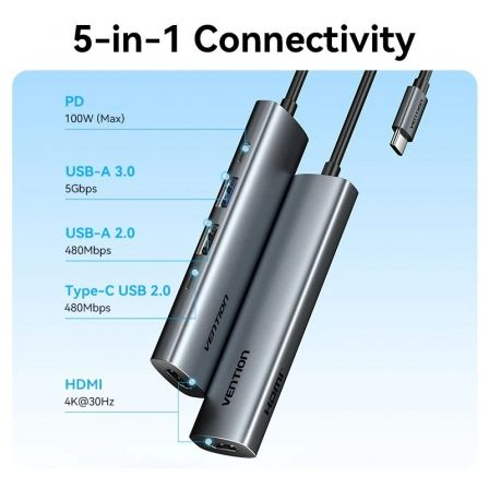 Docking USB Tipo-C Vention TGLHB/ 1xUSB Tipo-C/ 2xUSB/ 1xHDMI 4K/ 1xUSB Tipo-C PD/ Cinzento - Imagem 2