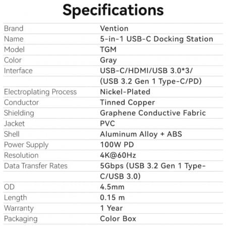 Docking USB Tipo-C Vention TGMHB/ 3xUSB/ 1xHDMI 4K/ 1xUSB Tipo-C PD - Imagem 3