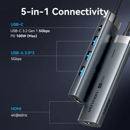 Docking USB Tipo-C Vention TGMHB/ 3xUSB/ 1xHDMI 4K/ 1xUSB Tipo-C PD - Imagem 2