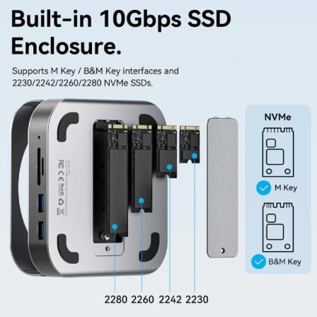 Docking Station Vention THI 10-em-1 para Mac Mini USB-C Slot M.2 NVMe 4x USB 3.2 DP 4K Jack 3.5mm Cinza - Imagem 4