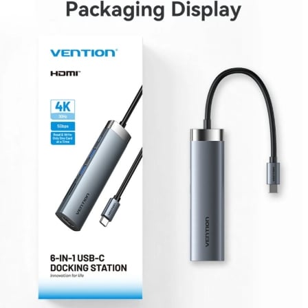 Docking Station Vention THJHB 6 em 1 USB-C para HDMI 4K 2x USB 3.0 SD/TF Power Delivery 100W Cinzento - Imagem 3