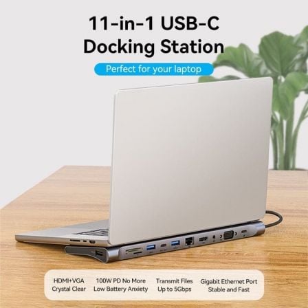 Docking Station Vention USB-C 11-em-1 HDMI VGA RJ45 USB 3.0 PD 100W SD/TF Jack 3.5mm Cinzento - Imagem 2