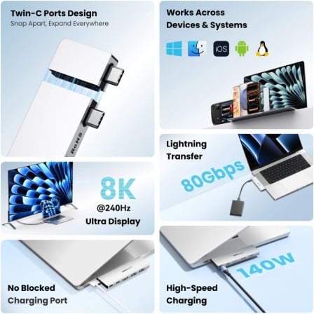 Docking Station Vention THZ 6-em-2 USB-C para MacBook HDMI 4K Thunderbolt 8K USB 3.0 Cinzento - Imagem 3