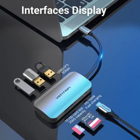 Docking USB Tipo-C Vention TNHHB/ 3xUSB/ 1xUSB Tipo-C PD/ 1xLeitor de Cartões SD e MicroSD/ Cinzento - Imagem 3