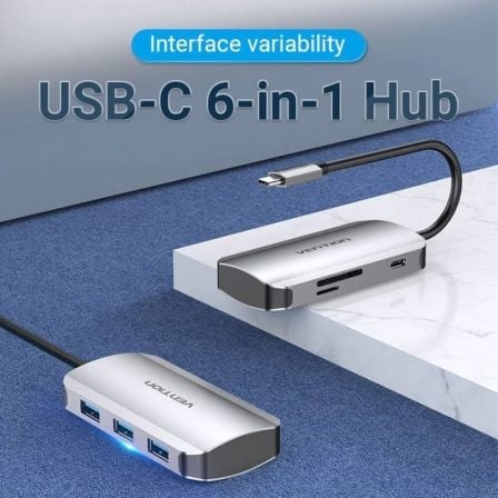 Docking USB Tipo-C Vention TNHHB/ 3xUSB/ 1xUSB Tipo-C PD/ 1xLeitor de Cartões SD e MicroSD/ Cinzento - Imagem 2