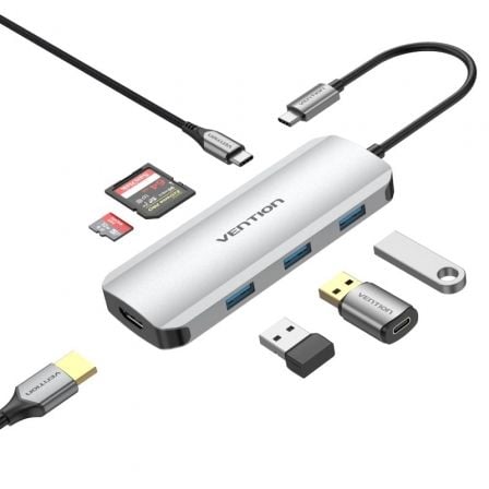 Docking USB Tipo-C Vention TOJHB/ 1xHDMI 4K/ 3xUSB/ 1xUSB Tipo-C/ 1xLeitor de Cartões/ Cinzento