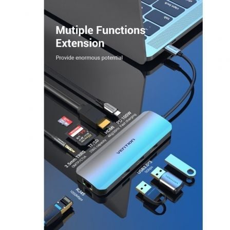 Docking USB Tipo-C Vention TOLHB/ 1xHDMI 4K/ 3xUSB/ 1xUSB Tipo-C PD/ 1xRJ45/ 1xLeitor de Cartões SD/ 1x MicroSD/ Jack 3.5/ Cinzento - Imagem 2