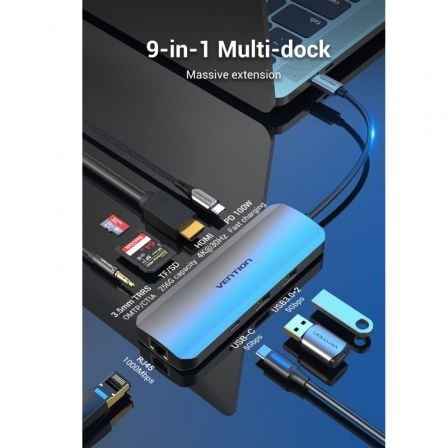 Docking USB Tipo-C Vention TOMHB/ 1xHDMI 4K/ 2xUSB/ 1xUSB Tipo-C/ 1xUSB Tipo-C PD/ 1xRJ45/ 1xLeitor de Cartões SD e MicroSD/ Jack 3.5/ Cinzento - Imagem 2