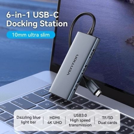 Docking USB Tipo-C Vention TOOHB/ 1xHDMI 4K/ 3xUSB/ 1xLeitor Cartões/ Cinzento - Imagem 2