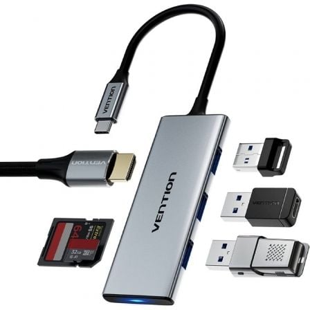 Docking Station Vention TOPHB USB-C 6-em-1 HDMI 4K 3x USB 3.0 Leitor Cartões SD/TF Cinzento Sideral - Imagem 2