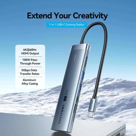 Docking Station Vention 7 em 1 USB-C para HDMI 4K 60Hz 100W PD USB 3.2 Gen 1 USB 3.0 Leitor SD/TF Cinzento - Imagem 2