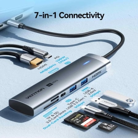 Docking Station Vention 7 em 1 USB-C para HDMI 4K 60Hz 100W PD USB 3.2 Gen 1 USB 3.0 Leitor SD/TF Cinzento - Imagem 3