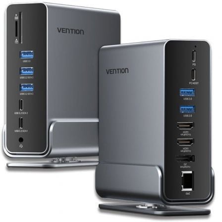 Docking USB Tipo-C Vention TPUH0/ 2xHDMI 4K/ 1xDisplayPort/ 3xUSB Tipo-C/ 5xUSB/ 1xRJ45/ 1xLeitor de Cartões/ 1xJack 3.5/ 1xUSB Tipo-C PD/ Cinzento