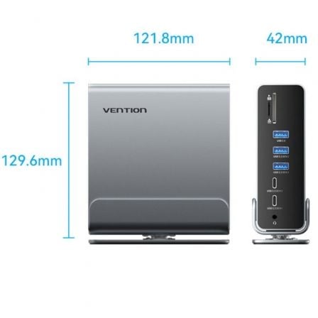 Docking USB Tipo-C Vention TPUH0/ 2xHDMI 4K/ 1xDisplayPort/ 3xUSB Tipo-C/ 5xUSB/ 1xRJ45/ 1xLeitor de Cartões/ 1xJack 3.5/ 1xUSB Tipo-C PD/ Cinzento - Imagem 5