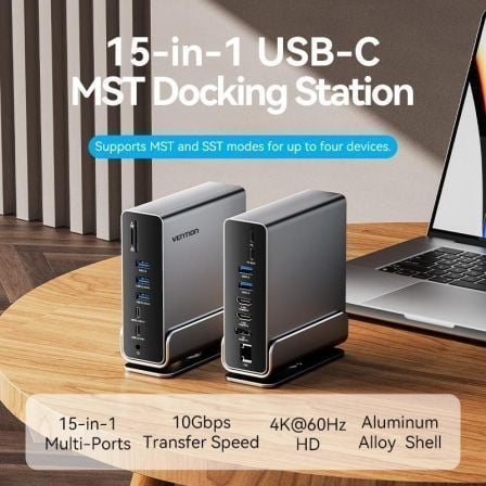 Docking USB Tipo-C Vention TPUH0/ 2xHDMI 4K/ 1xDisplayPort/ 3xUSB Tipo-C/ 5xUSB/ 1xRJ45/ 1xLeitor de Cartões/ 1xJack 3.5/ 1xUSB Tipo-C PD/ Cinzento - Imagem 2
