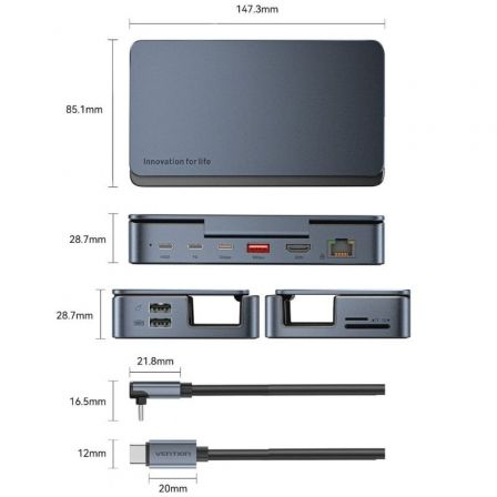 Docking USB Tipo-C para Steam Deck / Switch Vention TPZH0/ 2xHDMI 4K/ 3xUSB/ 1xUSB Tipo-C/ 1xUSB Tipo-C PD/ 1xRJ45/ 1xLeitor de Cartões/ Cinzento - Imagem 5