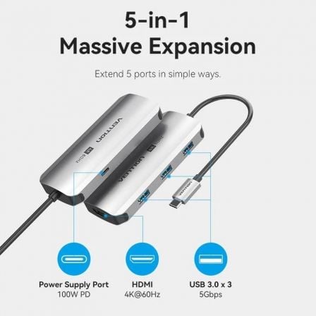 Docking Station Vention TQDHB USB-C HDMI 4K 60Hz 3x USB 3.0 PD 100W Cinzento - Imagem 3