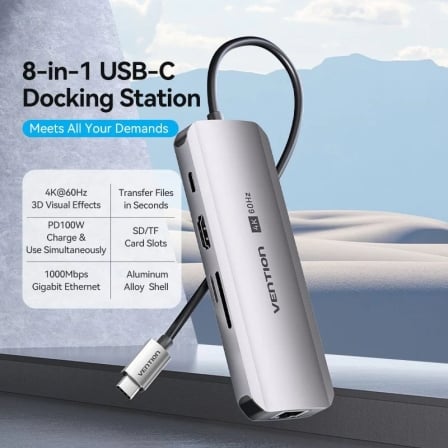 Docking Station Vention USB-C 8 em 1 HDMI 4K@60Hz 3x USB 3.0 RJ45 Gigabit PD 100W Cinzento - Imagem 2