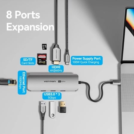 Docking Station Vention USB-C 8 em 1 HDMI 4K@60Hz 3x USB 3.0 RJ45 Gigabit PD 100W Cinzento - Imagem 3