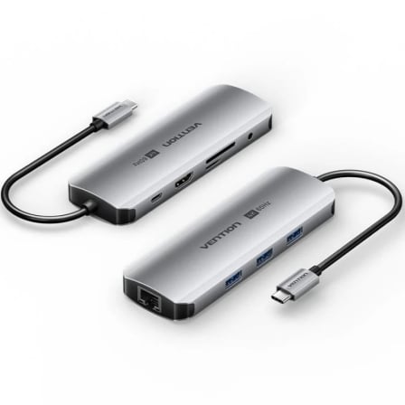 Docking Station Vention 9-em-1 USB-C 4K 60Hz 3x USB 3.0 RJ45 Gigabit PD 100W Jack 3.5mm Cinzento