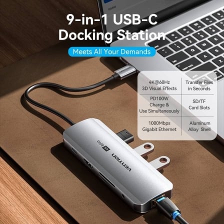 Docking Station Vention 9-em-1 USB-C 4K 60Hz 3x USB 3.0 RJ45 Gigabit PD 100W Jack 3.5mm Cinzento - Imagem 2