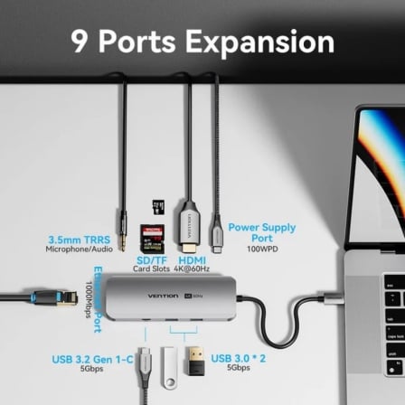 Docking Station Vention TQMHB 9-em-1 USB-C HDMI 4K 60Hz 2x USB 3.0 RJ45 Jack 3.5mm SD/TF PD 100W Cinzento - Imagem 3