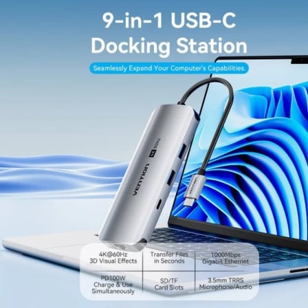 Docking Station Vention TQMHB 9-em-1 USB-C HDMI 4K 60Hz 2x USB 3.0 RJ45 Jack 3.5mm SD/TF PD 100W Cinzento - Imagem 2
