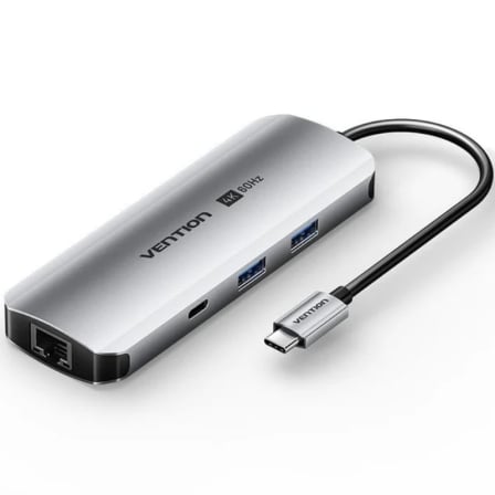 Docking Station Vention TQMHB 9-em-1 USB-C HDMI 4K 60Hz 2x USB 3.0 RJ45 Jack 3.5mm SD/TF PD 100W Cinzento