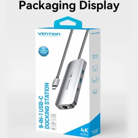 Docking Station Vention TQMHB 9-em-1 USB-C HDMI 4K 60Hz 2x USB 3.0 RJ45 Jack 3.5mm SD/TF PD 100W Cinzento - Imagem 5