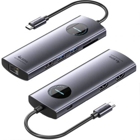 Docking USB Tipo-C Vention TQVHB/ 2xHDMI 4K/ 3xUSB/ 1xRJ45/ 1xLeitor de Cartões/ 1xUSB Tipo-C PD/ Cinzento
