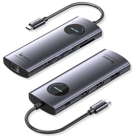Docking USB Tipo-C Vention TQWHB/ 2xHDMI 4K/ 1xDisplayPort/ 3xUSB/ 1xUSB Tipo-C PD/ 1xRJ45/ 1xLeitor de Cartões/ Cinzento - Imagem 1