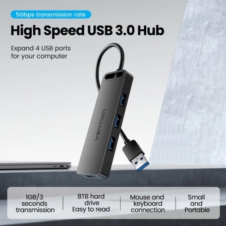 Hub USB Vention CHLBF-SCB2 4 Portas USB 3.0 e 1 Porta USB-C PD Cabo 1m Preto - Imagem 3