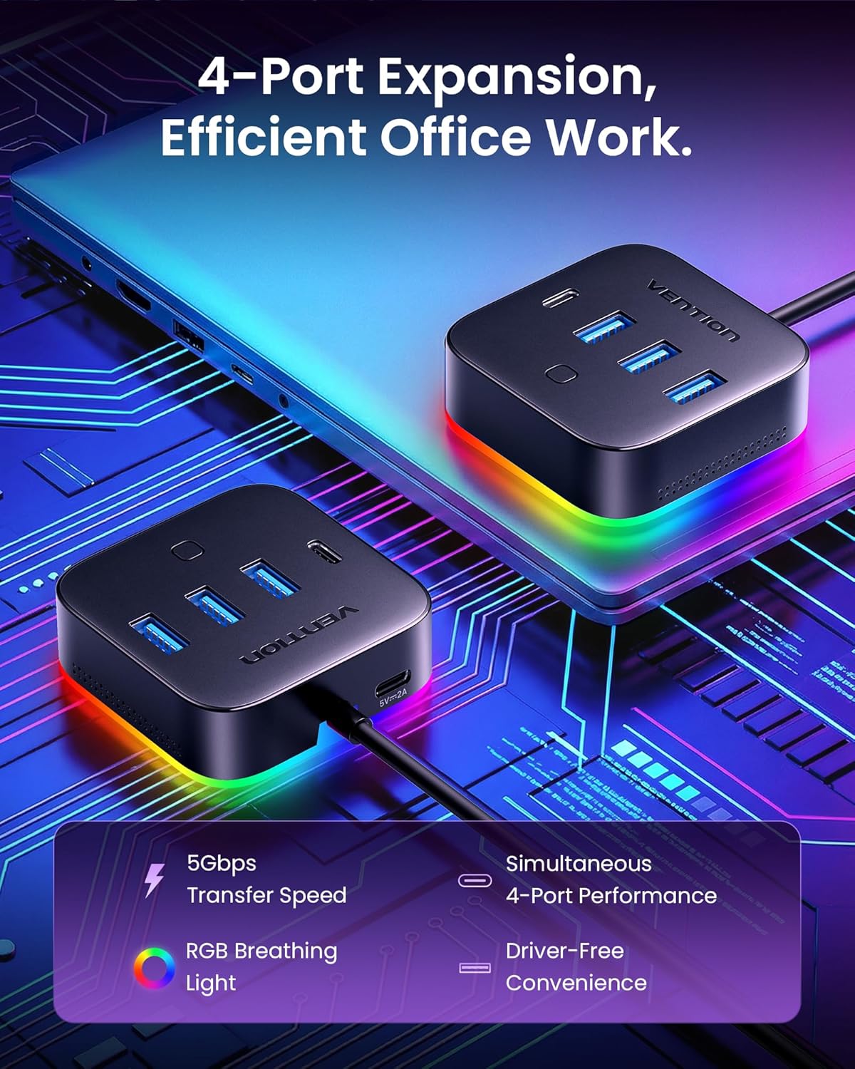 Hub USB 5 em 1 Vention CHZBC USB 3.0 para USB-C 3.2 Gen 1 / 3x USB 3.0 / USB-C Powered 0.25m Preto - Imagem 4