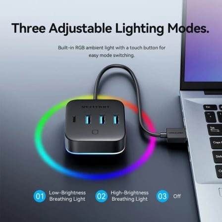 Hub USB Vention CHZBD 5-em-1 3x USB 3.0 1x USB-C 3.2 Gen 1 RGB 5Gbps Cabo 0.5m Preto - Imagem 2