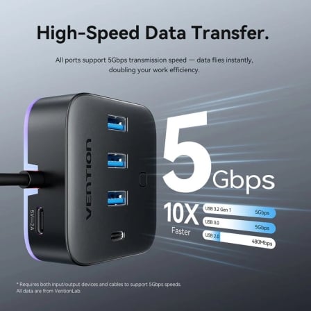 Hub USB Vention CHZBD 5-em-1 3x USB 3.0 1x USB-C 3.2 Gen 1 RGB 5Gbps Cabo 0.5m Preto - Imagem 3
