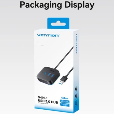 Hub USB Vention CHZBD 5-em-1 3x USB 3.0 1x USB-C 3.2 Gen 1 RGB 5Gbps Cabo 0.5m Preto - Imagem 4