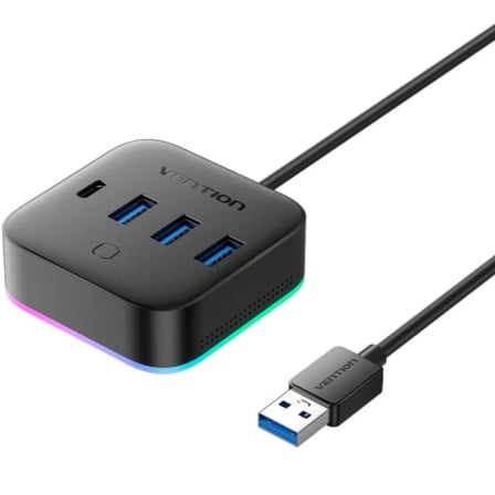 Hub USB Vention CHZBD 5-em-1 3x USB 3.0 1x USB-C 3.2 Gen 1 RGB 5Gbps Cabo 0.5m Preto