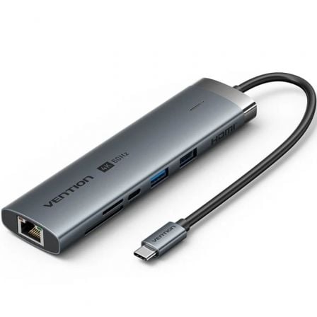 Hub USB Tipo-C 3.2 Vention TGVHB/ 2xUSB/ 1xUSB Tipo-C PD/ 1xUSB Tipo-C/ 1xRJ45/ 1xLeitor de Cartões/ 1xJack 3.5mm/ 1xHDMI/ 15cm