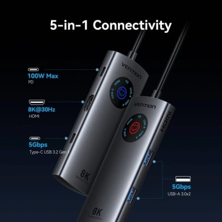 Docking Station Vention TQXHB 5-em-1 USB-C para HDMI 8K USB 3.2 Gen 1 USB 3.0 PD 100W Cinzento - Imagem 2