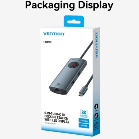 Docking Station Vention TQZHB 6-em-1 USB-C HDMI 8K RJ45 Gigabit 100W PD Cinzento - Imagem 5