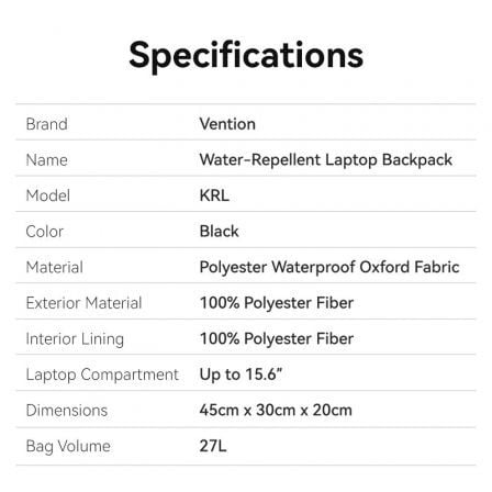 Mochila Vention KRLB0 para Portátil até 15.6" 27L Impermeável Preto - Imagem 4