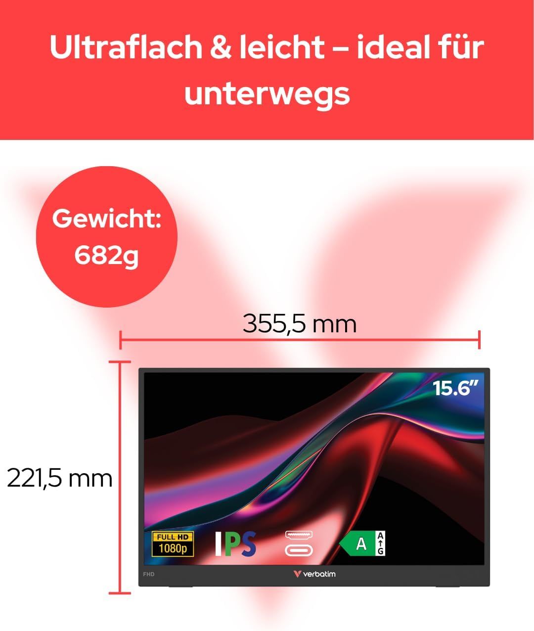 Monitor Portátil Verbatim Non-Touch Light 15.6"/ Full HD/ Multimédia/ Preto - Imagem 2