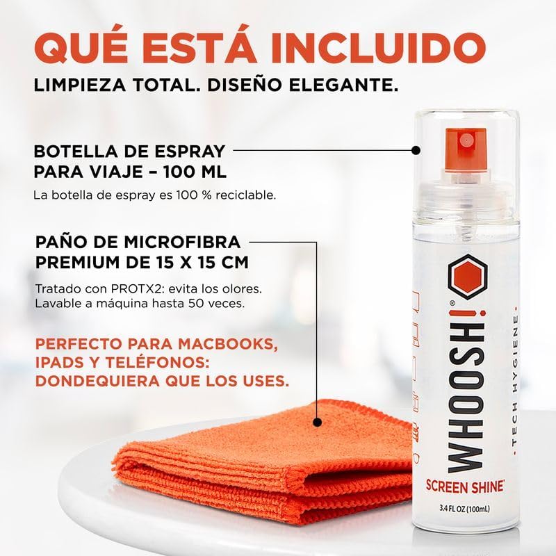 Kit de Limpeza de Ecrãs WHOOSH Kit GO XL WSH003 Spray 100ml + Pano Microfibra 15x15cm - Imagem 2