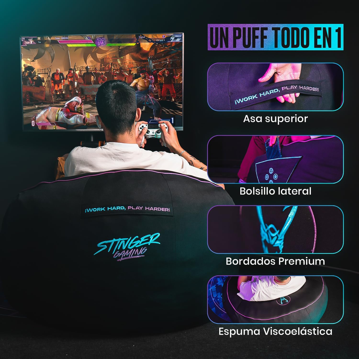 Puff Woxter Stinger Gaming/ com enchimento/ Preto e Dourado - Imagem 4
