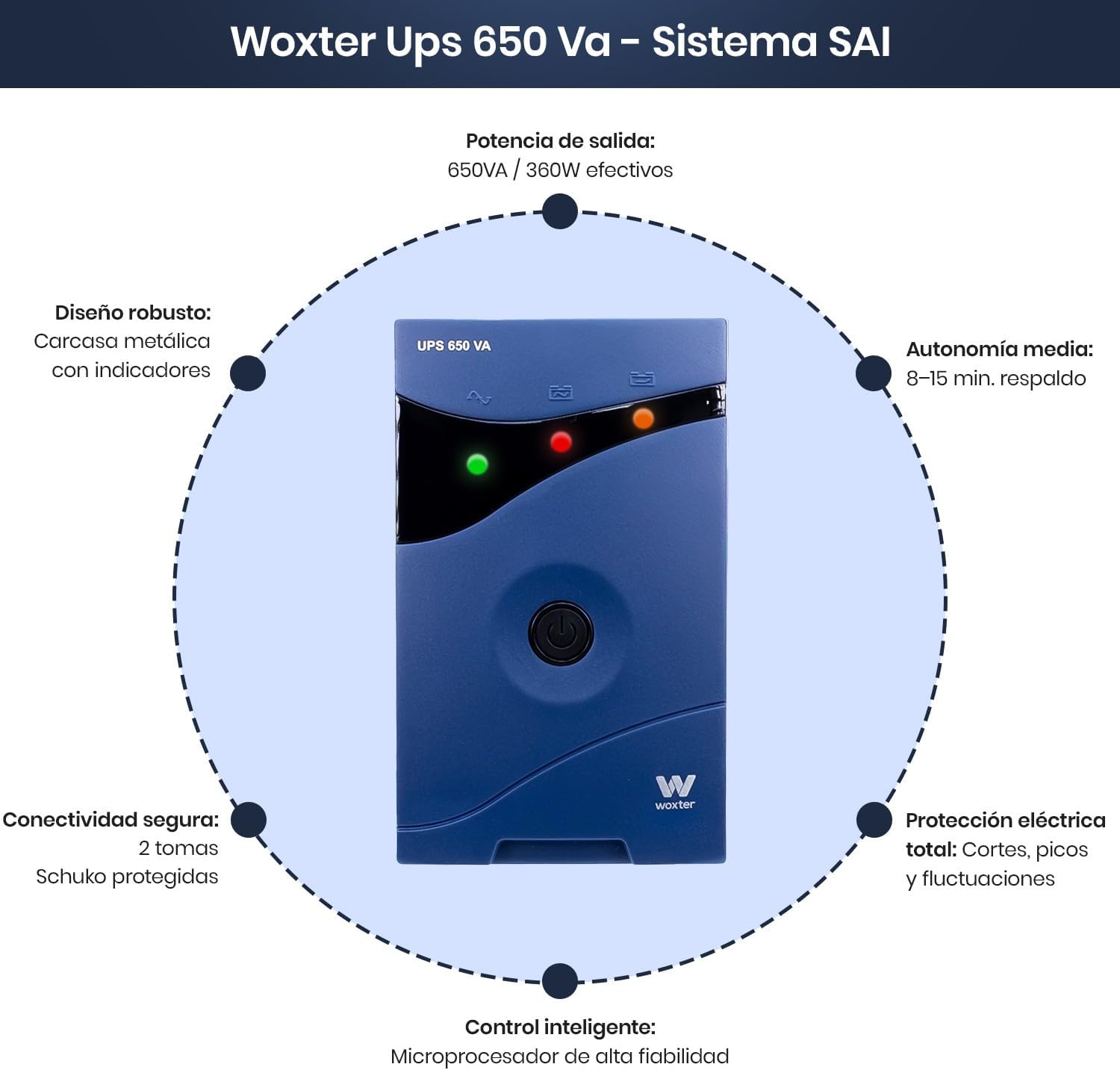 UPS Linha Interactiva Woxter UPS 650 VA/ 650VA-360W/ 2 Saídas/ Formato Torre - Imagem 5