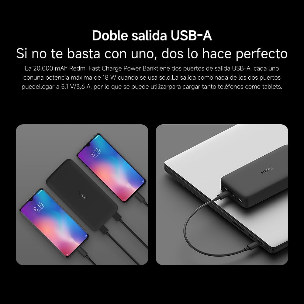 Powerbank Xiaomi Redmi Fast Charge 20000mAh 18W Dual USB-A USB-C Micro-USB Preto - Imagem 4