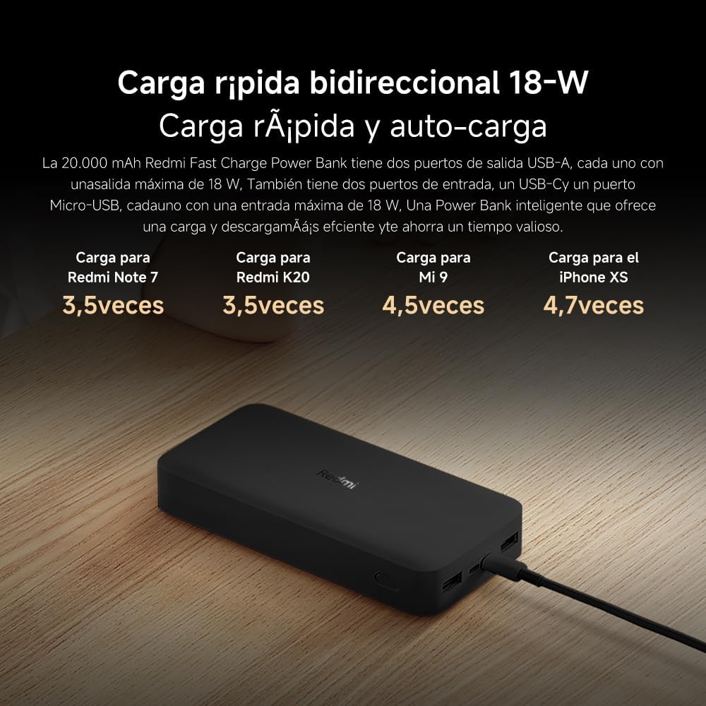Powerbank Xiaomi Redmi Fast Charge 20000mAh 18W Dual USB-A USB-C Micro-USB Preto - Imagem 3