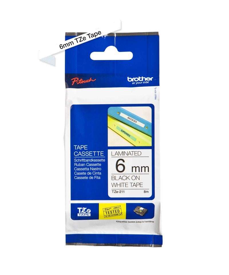 Fita Laminada Brother TZe-211 6mm Preto em Branco 8m
