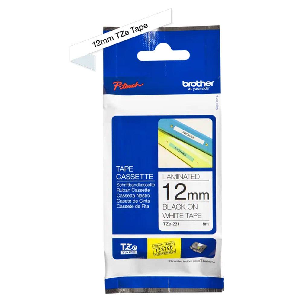 Cassete Fita Brother TZe-231 12mm Preto Branco Laminada